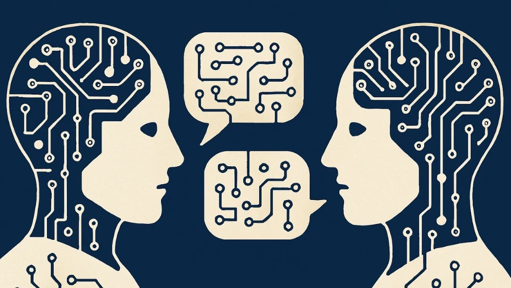 Two silhouetted heads facing each other with circuit board patterns inside their brains and speech bubbles between them.