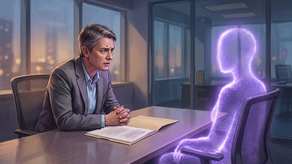Illustration of a manager holding a performance review meeting with a glowing AI agent seated across the desk