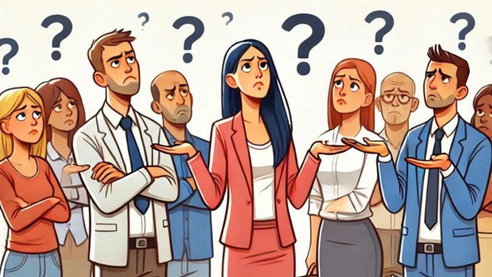 Group of confused business professionals with question marks above their heads, shrugging and gesturing uncertainly.