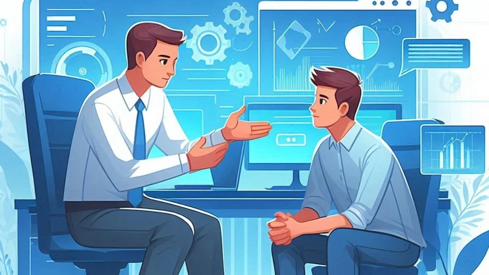 Two men in business attire having a discussion in a modern office with digital charts and analytics displays in the background.