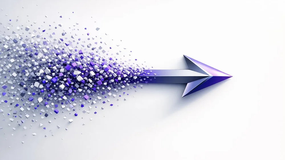 A glossy blue arrow pointing right disperses into purple and white particles against a light background