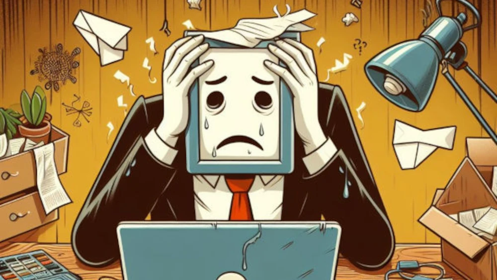 Stressed office worker with sad face on monitor head, surrounded by papers and clutter at desk.