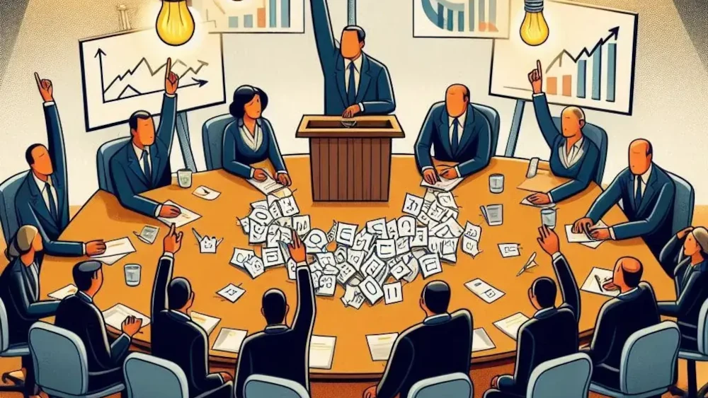 Business professionals gathered around a conference table with scattered papers and raised hands in a meeting room with charts on the walls.