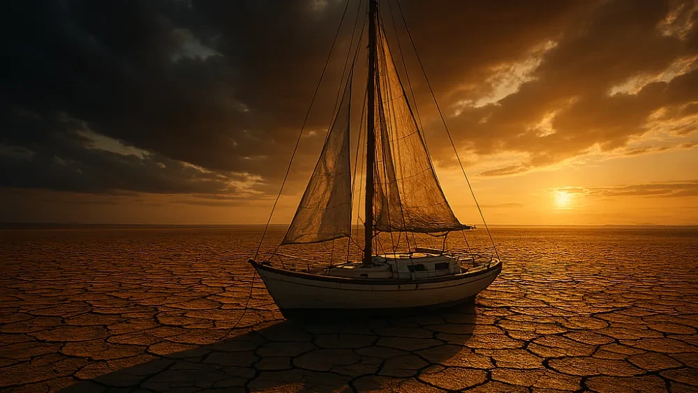 A sailboat with raised sails sits on cracked earth under a golden sunset sky.