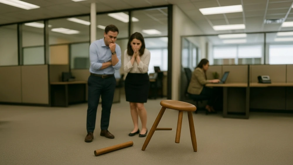 Two business professionals looking concerned at a fallen wooden stool in a modern office cubicle environment.