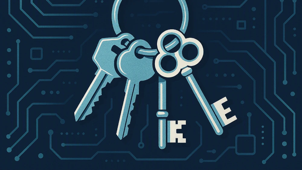 Three silver keys with circuit board patterns on a dark blue digital background with circuit traces and dots.