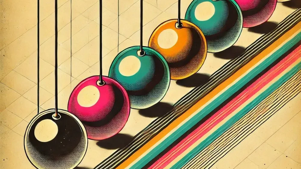 A retro-style cropped illustration of a Newton's cradle with colourful suspended spheres.