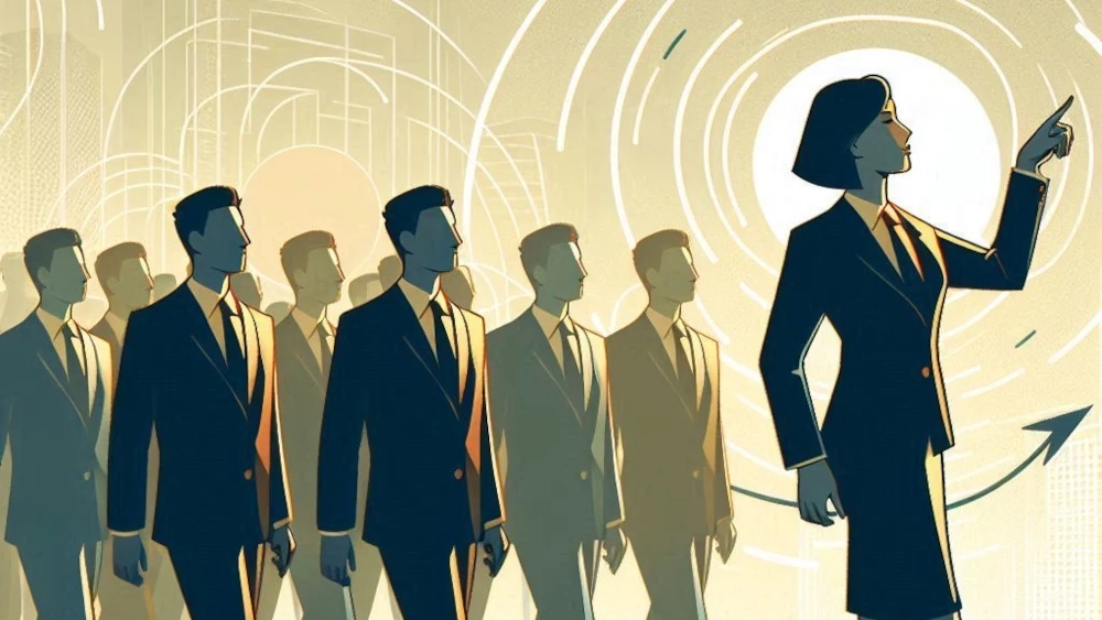 A woman in business attire stands illuminated pointing upward while a group of men in suits stand behind her in shadow.