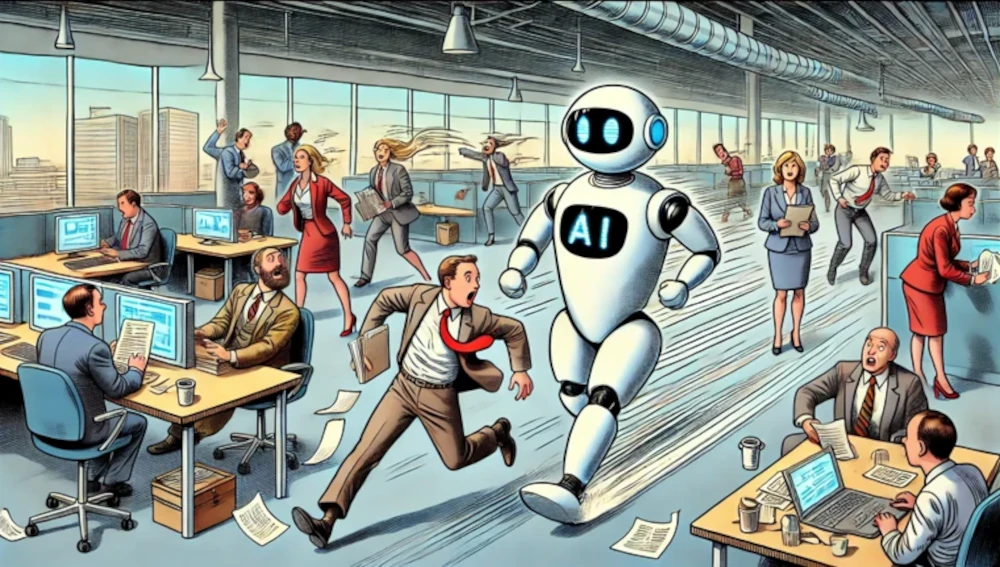 A large white robot labeled AI walks through a busy modern office while employees work at desks and move about the open floor plan.