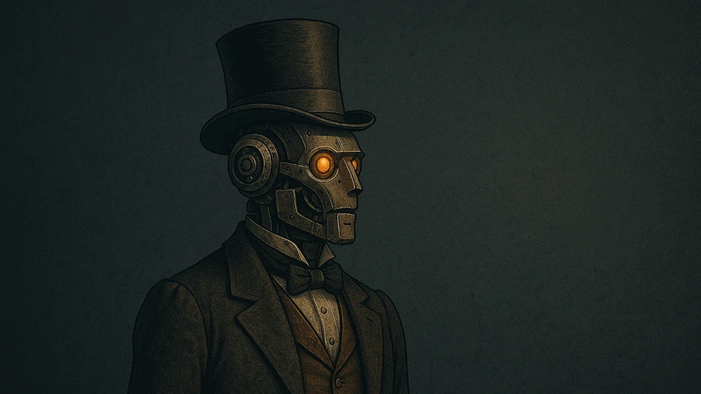 A steampunk mechanical figure wearing a top hat and formal suit with glowing orange eyes against a dark background.