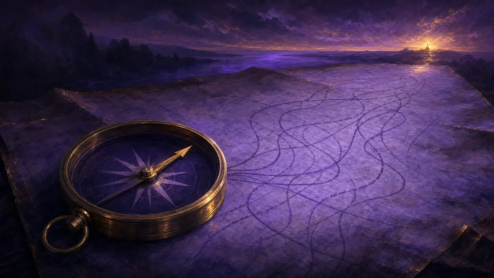 Never Outdated AI Duet 02 banner: a compass on a stone path with many winding routes leading to a distant light.