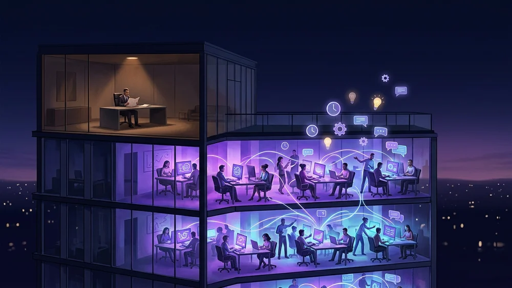 Illustrated cross-section of an office building at night, with employees on every floor using AI tools.