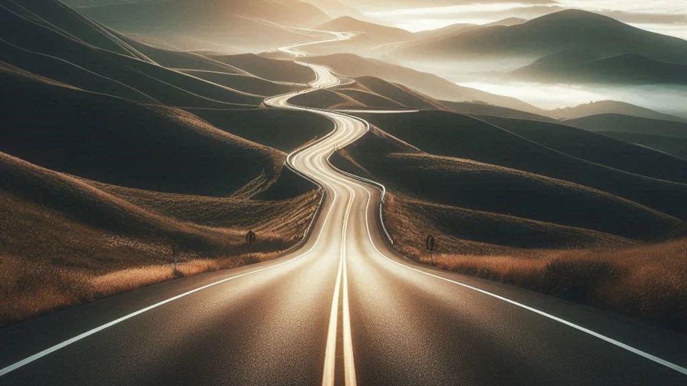A long straight highway with yellow center lines winds through rolling hills under golden sunlight.